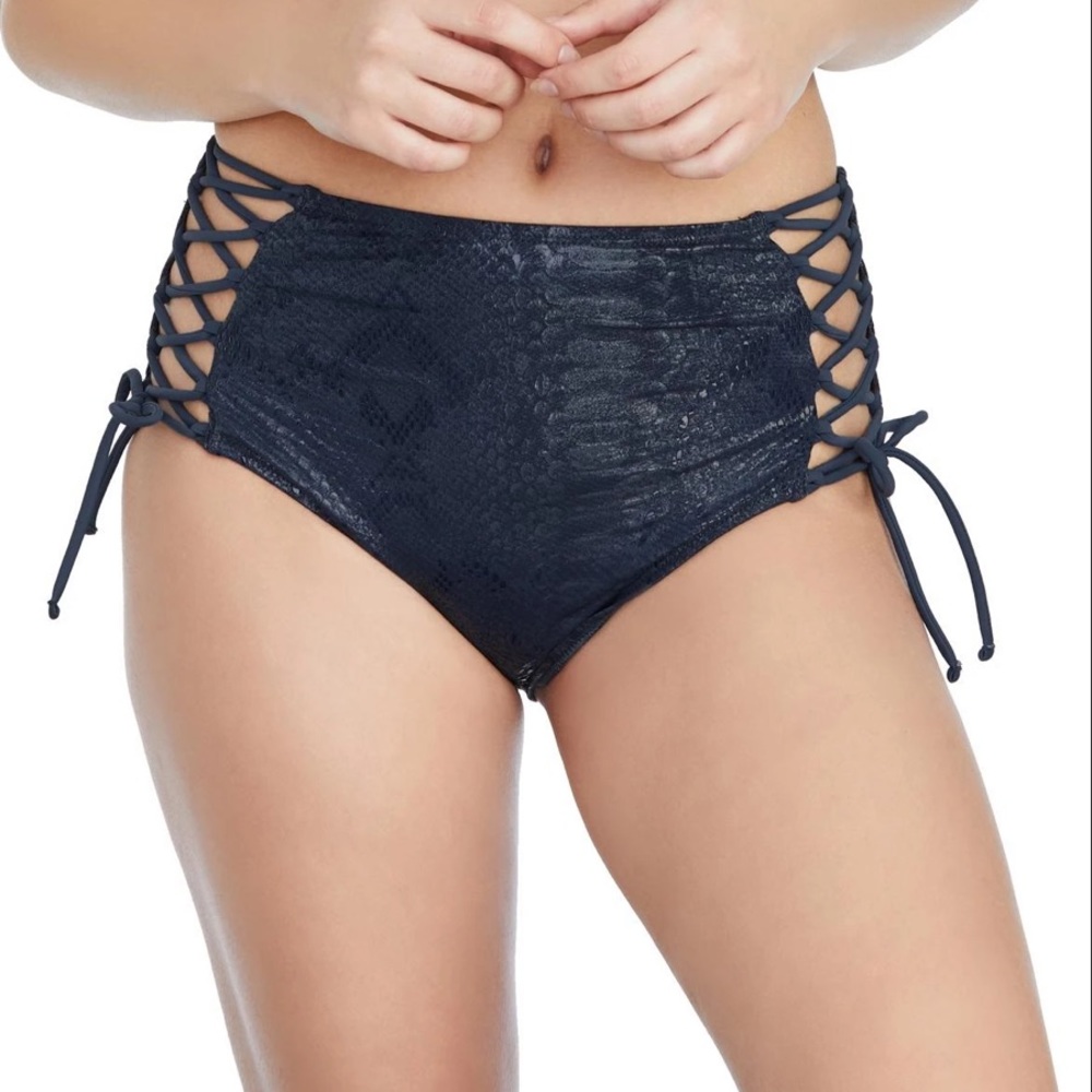 NWT BEBE black wet-look navy snakeskin strappy sides cut out bottoms